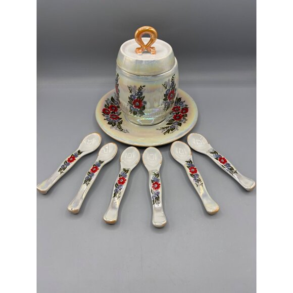 Vtg Honey Jar w‎ 6 Spoons Lustreware Iridescent Floral Ceramic - Picture 1 of 10